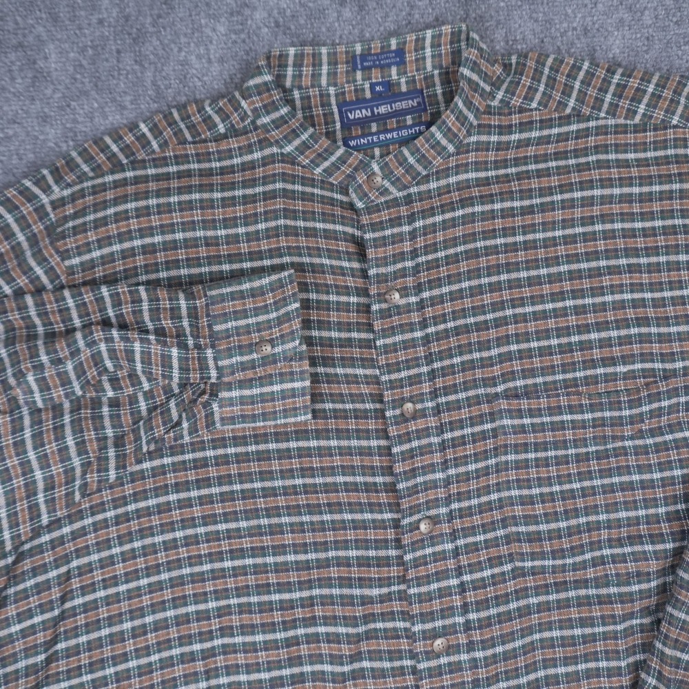 Van Heusen Winterweights Shirt Mens XL Green Brown Plaid Band Collar Cotton